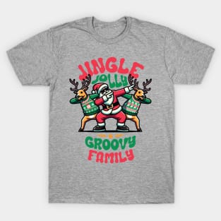 Family - Holly Jingle Jolly Groovy Santa and Reindeers in Ugly Sweater Dabbing Dancing. Personalized Christmas T-Shirt